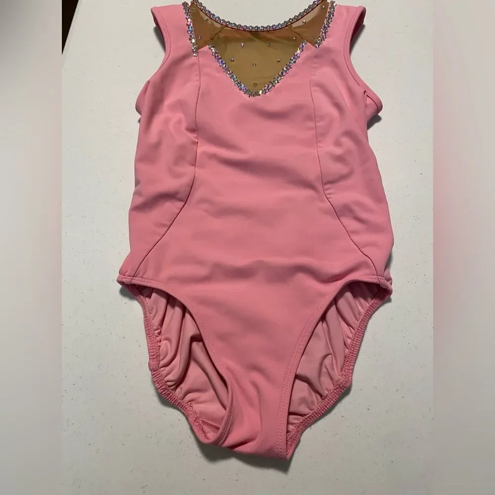 Five 5 Dance costume solo pink mesh leotard custom rhinestoned SA-Small adult